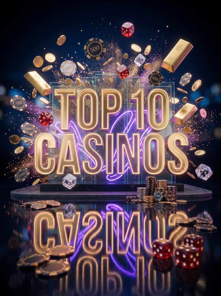 Gold Top 10 Casinos lettering with chips, dice and gold bars on a dark reflective floor